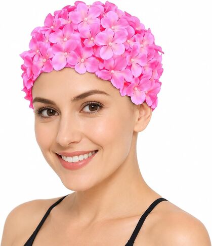 Housoutil Flower Swimming Caps, Floral Swim Cap Women, Vintage Flower Swimming Hat with Handcrafted Petals, Soft Fabric Breathable Bathing Hat for Pool Spa Accessorizing (Pink) in Kuwait