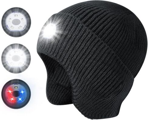 هدايا للرجال قبعة صغيرة مع ضوء، قبعة مصباح أمامي LED قابلة لإعادة الشحن عبر USB، قبعات شتوية للجنسين دافئة محبوكة على شكل غطاء للأذن للنساء والرجال (أسود) in Kuwait