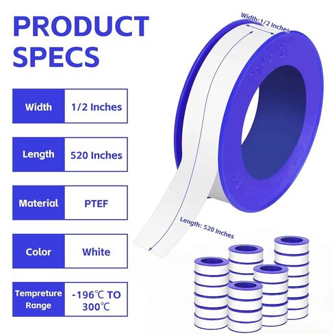24 Rolls Teflon Tape for Plumbers, 1/2 x 520 Inches PTFE Thread Seal Tape, White Pipe Sealant for Shower Head, Water Pipe Sealing and Leak Prevention, Sealing Tape for Threaded Connections in Kuwait