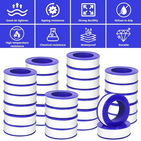 24 Rolls Teflon Tape for Plumbers, 1/2 x 520 Inches PTFE Thread Seal Tape, White Pipe Sealant for Shower Head, Water Pipe Sealing and Leak Prevention, Sealing Tape for Threaded Connections in Kuwait