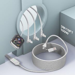 100W USB C Fast Charge Multi Charging Cable for Apple Watch and iPhone 15-90 Degree 4 in 2 USB C/A Travel Watch & Phone Charger Cable for All iWatch iPhone MacBook i-Pad and Other Type-C Devices