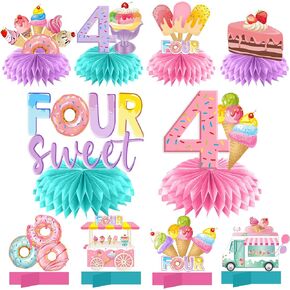 We All Scream 4 Ice Cream Birthday Party Decorations Honeycomb Centerpieces for Girl Boy, 4 Year Old Ice Cream Donut Theme Bday Table Centerpieces Party Supplies, I Scream Fourth Bday Table Decor Sign