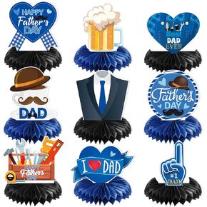 Happy Fathers Day Table Decorations for Party Honeycomb Centerpiece, 3D Double Side Father's Table Decor for Father's Family Party Supplies Favor Office Home (9 Pieces）