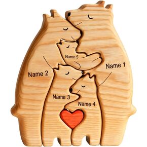 Personalized Bear Family Wooden Art Puzzle, Wooden Bear Jigsaw Puzzle with Heart Loving Family Bear Sculpture Decorative House Warming Wood Birthday Gifts for Adults Kids (6 Family Members)
