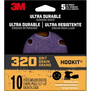 3M Ultra Durable 5 inch Power Sanding Discs, Universal Hole, 320 Grit, 10/Pack
