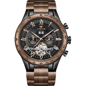 VICVS Natural Walnut Automatic Men's Wooden Watch Sports Date Day Multifunctional Automatic Wooden Watch