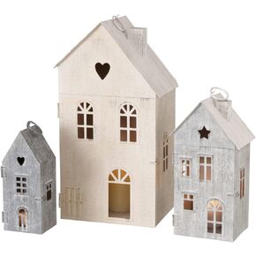 Main Street Town House Candle Lanterns, Set of 3, Vintage Style, Heart Details, Rustic Black, Metal, Corrugated Gabled Roof-tops, 13.75, 9.5, and 5 Inches Tall