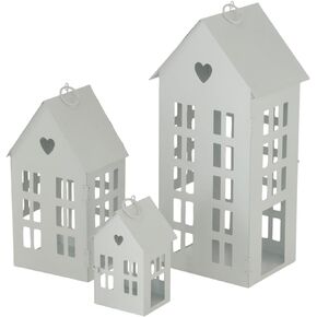 Main Street Town House Candle Lanterns, Set of 3, Vintage Style, Heart Details, Rustic Black, Metal, Corrugated Gabled Roof-tops, 13.75, 9.5, and 5 Inches Tall