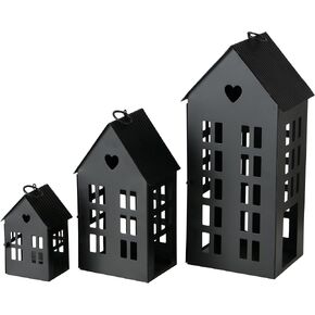 Main Street Town House Candle Lanterns, Set of 3, Vintage Style, Heart Details, Rustic Black, Metal, Corrugated Gabled Roof-tops, 13.75, 9.5, and 5 Inches Tall in Kuwait