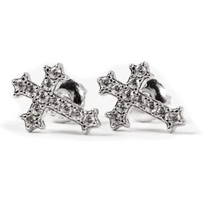 Mens Women's Small Prong Set Iced 5A Cz Hip Hop White Gold Rhodium 925 Sterling Silver Hypoallergenic Crucifix Ice Out Cubic Zirconia Gothic Cross Screw Back Stud Earrings