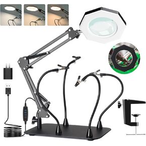 KUVRS 10X Magnifying Glass with Light and Stand, Flexible Magnetic Helping Hands, Large Base & Clamp Magnifying Lamp, 3 Color Adjustable Arm Desk Magnifying Glass with Light for Soldering Craft Hobby