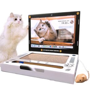 L&W BROS. Cardboard Cat Scratcher 3-in-1 Cat Laptop Toy with Fluffy 'Mouse'& Bell Ball Corrugate Cat Scratch Pad for Cats
