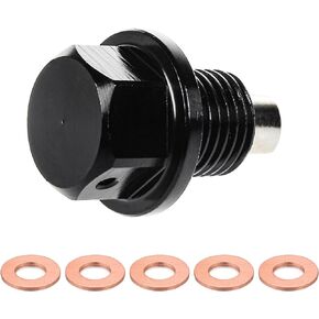Augeny M12 x 1.25 Magnetic Aluminum Oil Drain Plug, Stainless Steel Sump Drain Nut Bolt with 5 PCS Copper Crush Washer, Universal Leak-proof Replacement for Most Cars Motorcycle Boat(Black)