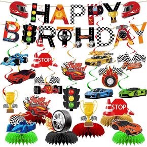 Race Car Party Decorations Race Car Happy Birthday Banner Race Car Hanging Swirls Car Themed Honeycomb Centerpieces for Race Car Birthday Baby Shower Party Supplies