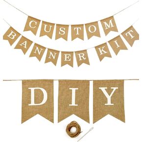 Custom Banner Kit, 97 White Cotton Canvas Flags with Gold Vinyl Printed Letters Numbers & Symbols, String & Needle, DIY Customizable Personalized Birthday Banner, Gold Glitter