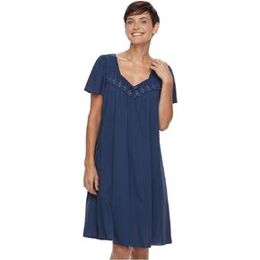 Miss Elaine Short Tricot Nightgown - Round Neckline, Embroidered Trim, Flutter Sleeves, Women’s Sleepwear & Loungewear
