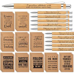 PerKoop 60 Pcs Inspirational Notebooks Motivational Pens Thank You Wood Bamboo Pen Kraft Notebooks Employee Appreciation Gifts Bulk Pocket Journals Camp Stationary for Student Coworker (Quotes)