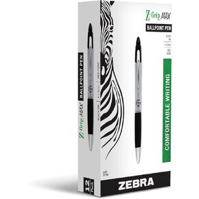 Zebra Pen Z-Grip® Max Retractable Ballpoint Pens, Medium Point, 1.0 mm, Silver Barrel, Black Ink, Pack Of 12