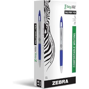قلم Zebra Pen Z-Grip® Max أقلام حبر جاف قابلة للسحب، نقطة متوسطة، 1.0 مم، برميل فضي، حبر أسود، عبوة مكونة من 12 قلمًا