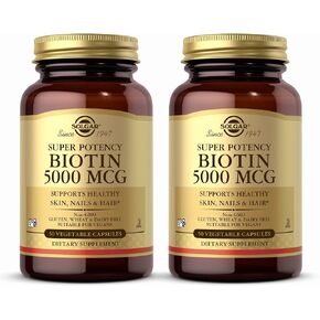 SOLGAR Biotin 5000 mcg - 50 Vegetable Capsules, Pack of 2 - Supports Healthy Skin, Nails & Hair - Non-GMO, Vegan, Gluten Free, Dairy Free, Kosher - 100 Total Servings