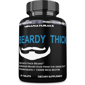 BEARDY Thick Beard Growth Vitamins for Men, B7 Biotin 10000 mcg, Keratin, Collagen, Silica, and 36 More. Grow Beard Thicker, Stronger. Facial Hair Growth Treatment. 60 Tablets in Saudi Arabia