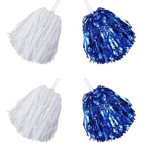 4 Pcs Metallic Foil Plastic Pom Poms Cheerleader Pom Poms Sports Team Pom Poms Spirit Cheering Pom Poms Cheer Dance Pom Poms Cheerleading Pom Poms with Handle White and Blue