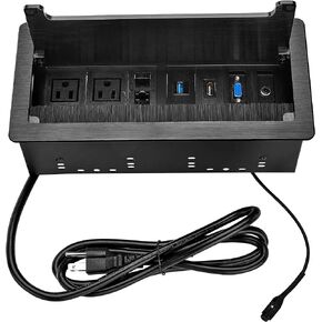 Outlet Embedded Socket/Meeting Room Table Junction Box Socket, Hidden Flip Information Box 2-bit American Socket Dual CAT 6 Network HDMI VAG USB 3.0 Interface 3.5mm Audio (Brushed Black)