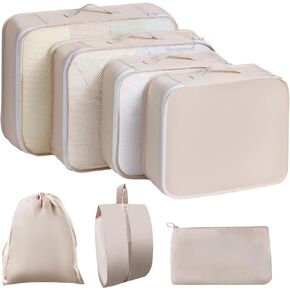Lenporl 7 Set Travel Packing Cubes for Suitcases, New Upgraded Luggage Organizer Bags for Toiletries, Laundry, Shoes, Ultralight Travel Accessories and Essentials for Carry On (Cream)