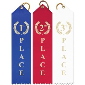 Hodges Badge Company 1st 2nd 3rd Place Award Ribbons - 75 Award Ribbon Set with 1st, 2nd, 3rd Place Ribbons with Attached Record Card and Rope (25 Each) - Made in USA