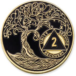 1 Year Sobriety Mint Twisted Tree of Life Gold Plated AA Recovery Medallion/Chip/Token - Black