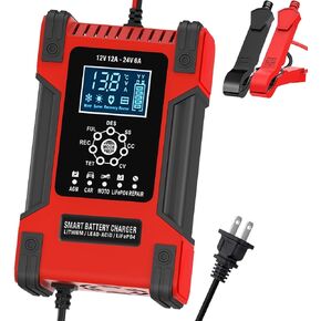 Lithium Battery Charger, 12V/12A 24V/6A Car Battery Charger, Fully-Automatic Smart Battery Charger for LiFePO4 Lead-Acid AGM Wet Gel Battery, Trickle Charger Maintainer ATV Motorcycle Marine
