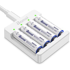 BONAI Rechargeable Lithium AA Batteries with Charger，3000mWh 1.5V AA Lithium Batteries 4pcs with Upgraded 2h-Fast Charging Charger