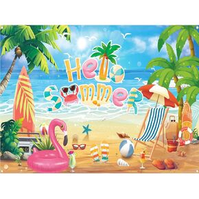 Hello Summer Photo Backdrop Banner, Tropical Beach Pool Decorations for Party, Birthday, Schools Out for Summer, 73 x 43 Inch
