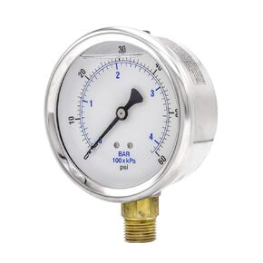 PIC Gauges 201L-402O Bottom Mount Glycerine Filled Pressure Gauge w/ SS Case, Brass Internals, SS Bezel, PC Lens, 4" Dial, 0/2000 psi Range, 1/2" Male NPT