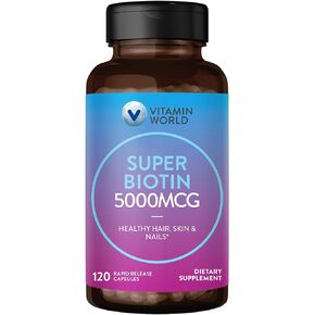 Vitamin World Super Biotin 5000 mcg. 120 Capsules, B Vitamin, Hair, Skin and Nails, Rapid-Release, Gluten Free