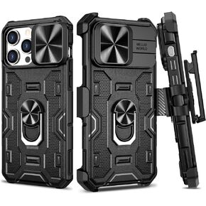 VEGO Armor Case for iPhone 15 Pro Max 5G 2023, Slide Camera Cover & Belt Clip Holster & Magnetic 360°Ring Kickstand Military Grade Heavy Duty Protection Case for iPhone 15 ProMax 2023 6.7" - Black
