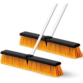 Suclain 2 Pcs Push Broom Outdoor Wide Heavy Duty Broom with Long Handle Stiff Bristles Concrete Brush Commercial for Cleaning Bathroom Kitchen Patio Garage Shop Deck Concrete Tile Floor (18 Inch)