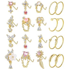 LOREMOW 20 قطعة 20 جرام من الفولاذ المقاوم للصدأ حلقات الأنف المتدلية للنساء على شكل حرف L أقراط الأنف المتدلية للفتيات على شكل قلب زهرة فراشة مجوهرات ثقب الأنف in Kuwait