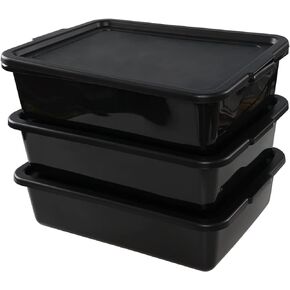 13 L Plastic Commercial Utility Bus Boxes, Black Bus Tubs with Lids, 3-Pack