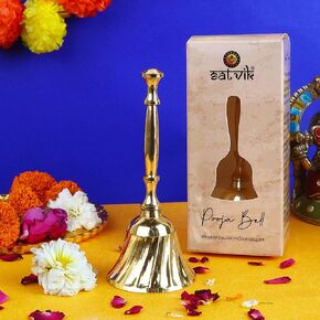 SATVIK 1 Pc Brass Puja Bells Indian Religious Diwali Festive Daily Pooja Home Mandir Temple Office Ghanti School Reception Wedding Christmas Handheld Call Bell Spirtiual Housewarming Return Gift Items