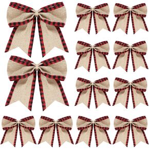 Syhood 12 Pieces Black White Plaid Gift Bows Burlap Wreaths Bows Christmas Burlap Plaid Bow Christmas Tree Topper for Wedding Holiday Birthday Party Decoration Crafts Home Decoration