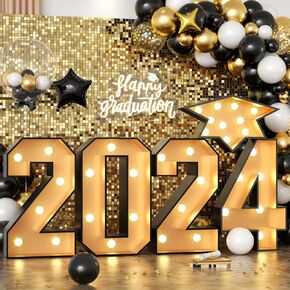 أرقام مضيئة من FunHot Marque، أرقام سرادق 2024 مع أضواء، إطار فسيفساء ذهبي أسود، رقم قبعة التخرج، زخرفة من الورق المقوى مسبقًا للذكرى السنوية للعام الجديد 2024، ديكورات حفلات التخرج in Kuwait