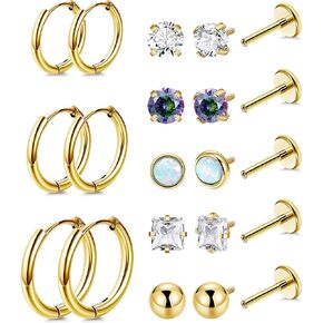 LOREMOW 18G 8Pairs Surgical Steel Earrings Set for Women Men Stud Earrings for Sensitive Ears Hypoallergenic Huggie Hoop Earrings Opal CZ Cartilage Helix Flat Back Earrings for Multiple Piercing