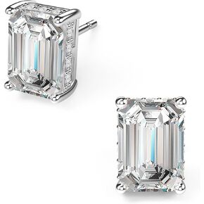 18K White Gold Plated Sterling Silver Emerald Cut Cubic Zirconia Stud Earrings Clear CZ Diamond Stud Earrings for Women Men Hypoallergenic