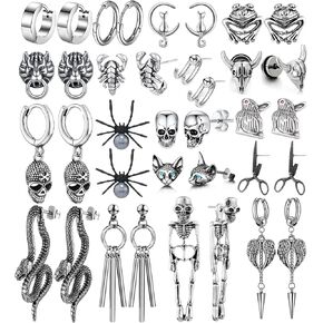 18 Pairs Stainless Steel Y2K Punk Hoop Dangle Earrings for Men, Frog Snake Spider Skull Heads etc Huggie Hoop Long Chain Piercing Hoop Earrings Set for Women and Men