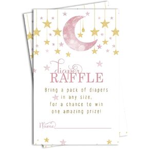 Twinkle Little Star Diaper Raffle Tickets, Celestial Baby Shower Games for Prizes, Pink and Gold Baby Shower Diaper Raffle Invitation Insert Cards, 50 Pack