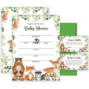 Woodland Baby Shower Invitations, 25 Pack Woodland Greenery Invitations Macthing Envelpoes, Diaper Raffle Tickets, Book Request Cards, Forest Creatures Invitations
