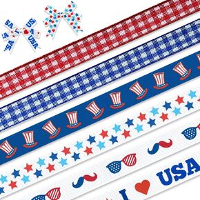 6 Pieces Patriotic Ribbons 5 Yards 4th of July Grosgrain Decor Ribbons God Bless America Words Stars Ribbons for Veterans Day Independence Day Gift Wrapping Outdoor Hanging Party Decoration Supplies