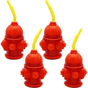 4E's Novelty Fire Hydrant Straw Cups With Lids (4 Pack) 12oz - for Firefighter Birthday Party Favors, Fire truck & Fireman Party Decorations, Rescue Marshall Party