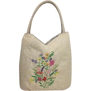 Embroidered Handbags for Women, Large Colorful Flower Shoulder Tote Bag with Zipper,13.8x6.3x14.5, Fabric Tote Bag, Hobo Bags For Women, Mother's Day Bag, Tote Bag Aesthetic with Inner Pocket